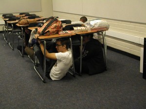 Students practiced taking shelter under their desks